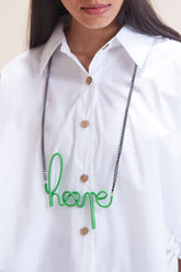 Green leather women's long with distinctive hope-link metal necklace